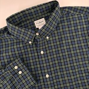 LL Bean Mens XXL Tall Plaid Button Down Shirt Slightly Fitted Blue Green -flaw